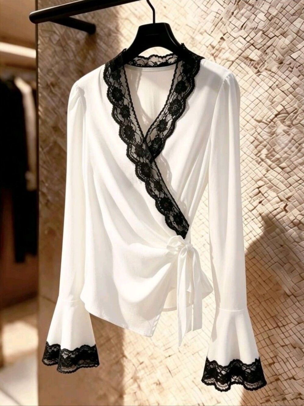 Women's Elegant Commute Contrast Color Lace Trim Tie Wrap Blouse